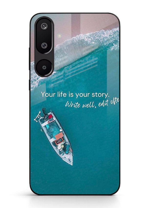 Ocean boat scene printed on Samsung F16 5G glass back cover with calming tones.
