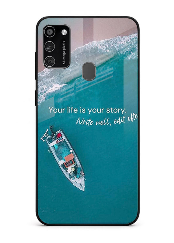 Ocean boat scene printed on Samsung M30s glass back cover with calming tones.