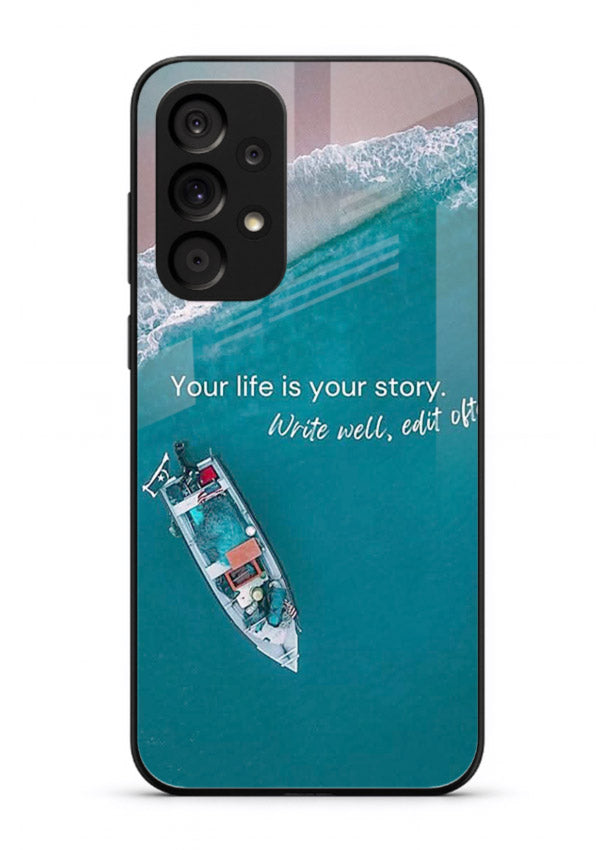 Ocean boat scene printed on Samsung A33 5G glass back cover with calming tones.