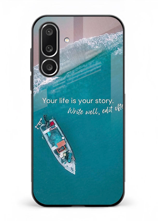Ocean boat scene printed on Samsung F56 5G glass back cover with calming tones.