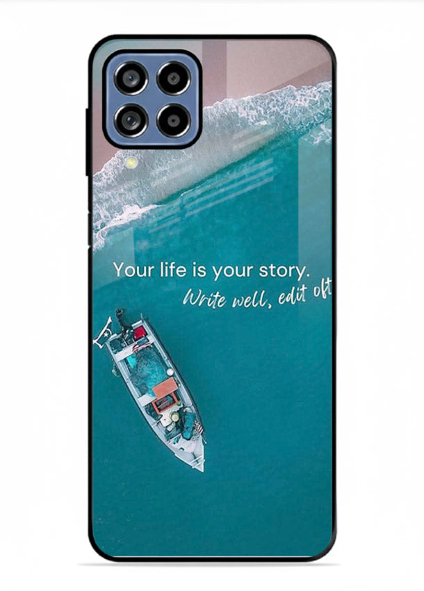 Ocean boat scene printed on Samsung F62 glass back cover with calming tones.