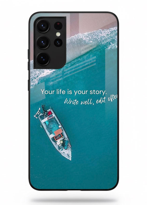 Ocean boat scene printed on Samsung S21 Ultra glass back cover with calming tones.