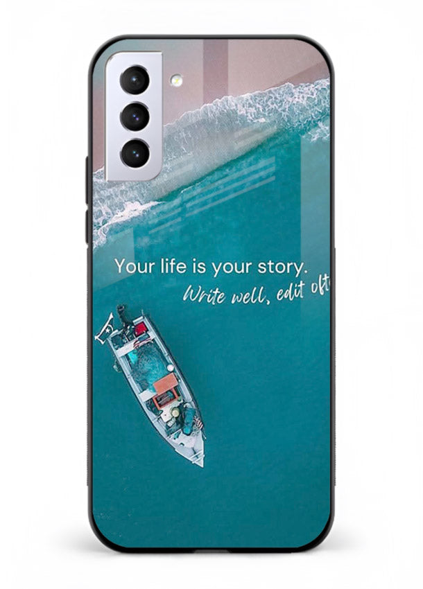 Ocean boat scene printed on Samsung S21 Plus glass back cover with calming tones.