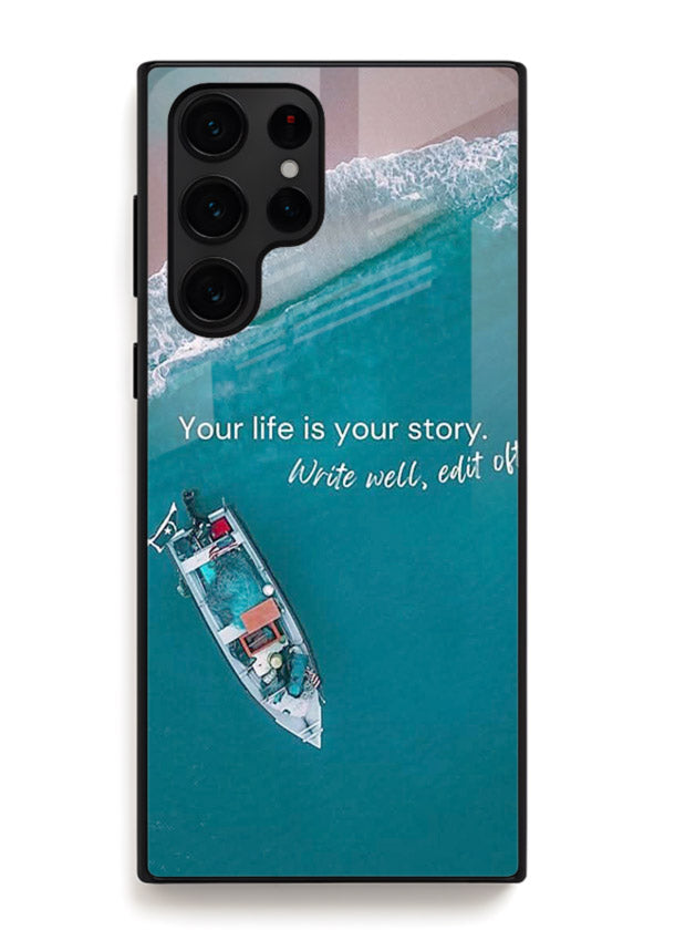 Ocean boat scene printed on Samsung S24 Ultra glass back cover with calming tones.
