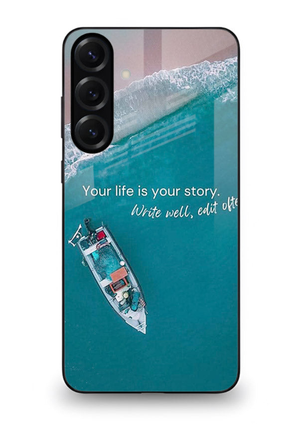 Ocean boat scene printed on Samsung A56 5G glass back cover with calming tones.