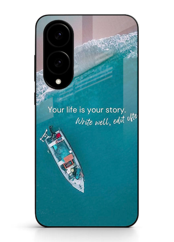 Ocean boat scene printed on Samsung S25 Edge glass back cover with calming tones.