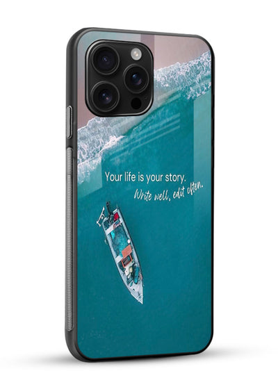 Ocean boat scene printed on glossy vibrant premium glass back cover with calming tones. - Angle Side