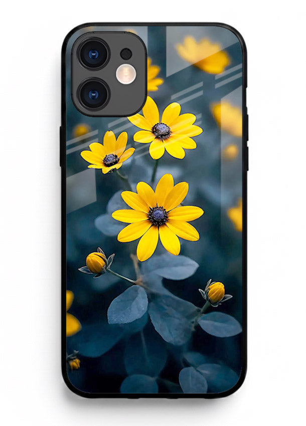 Yellow wildflower artwork on iphone 12 mini glass back cover with rustic botanical tones.