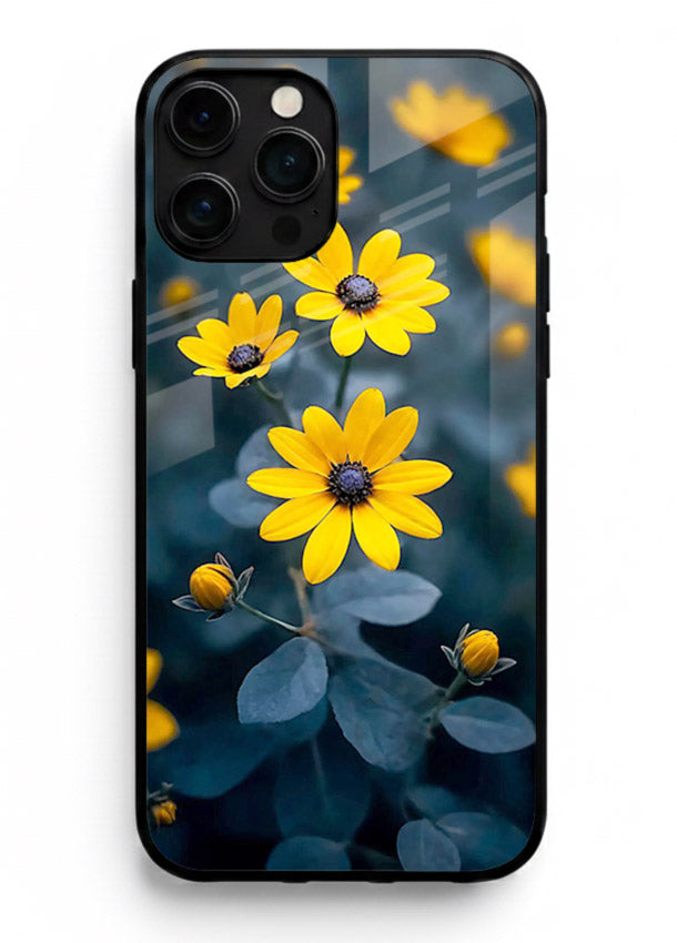 Yellow wildflower artwork on iphone 13 pro max glass back cover with rustic botanical tones.