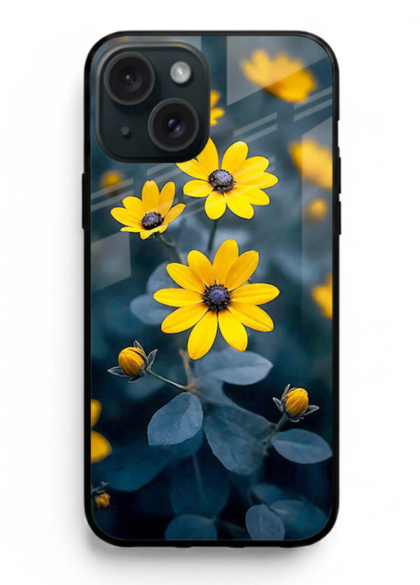 Yellow wildflower artwork on iphone 13 glass back cover with rustic botanical tones.