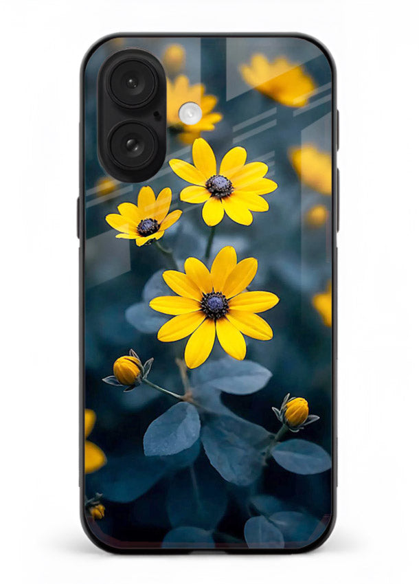 Yellow wildflower artwork on iphone 16 glass back cover with rustic botanical tones.