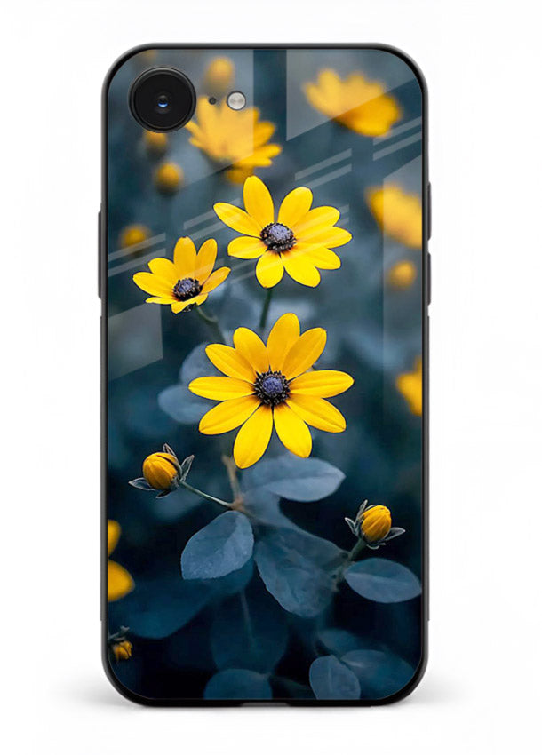 Yellow wildflower artwork on iphone 16e glass back cover with rustic botanical tones.