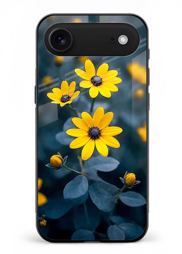 Yellow wildflower artwork on iphone 18 air glass back cover with rustic botanical tones.