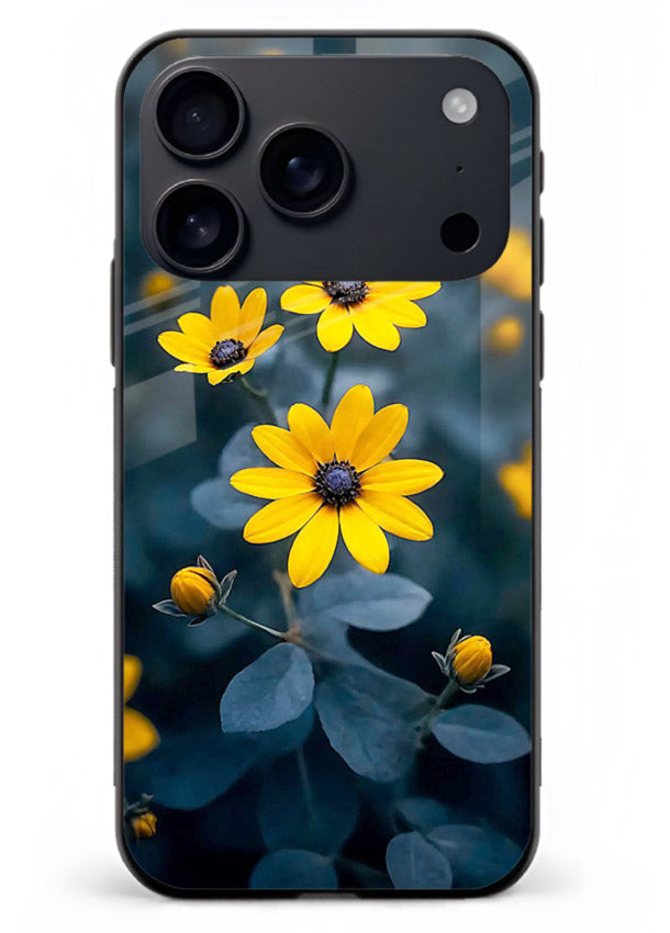 Yellow wildflower artwork on iphone 18 pro max glass back cover with rustic botanical tones.