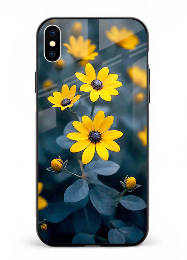 Yellow wildflower artwork on iphone xs max glass back cover with rustic botanical tones.