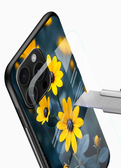 Yellow wildflower artwork on glossy vibrant premium glass back cover with rustic botanical tones. - Angle Blade