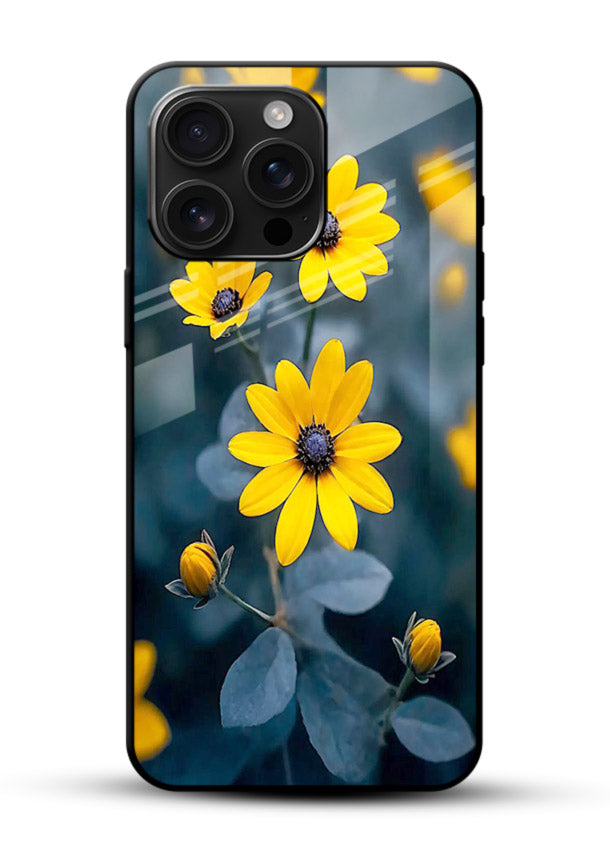 Yellow wildflower artwork on glossy vibrant premium glass back cover with rustic botanical tones. - Angle Front