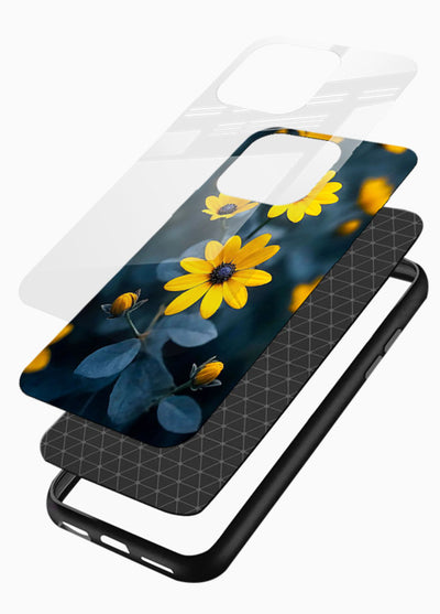 Yellow wildflower artwork on glossy vibrant premium glass back cover with rustic botanical tones. - Angle Layers
