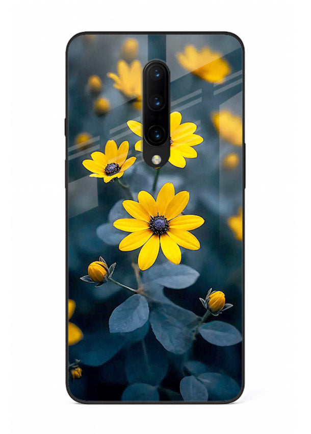 Yellow wildflower artwork on OnePlus 7T Pro glass back cover with rustic botanical tones.