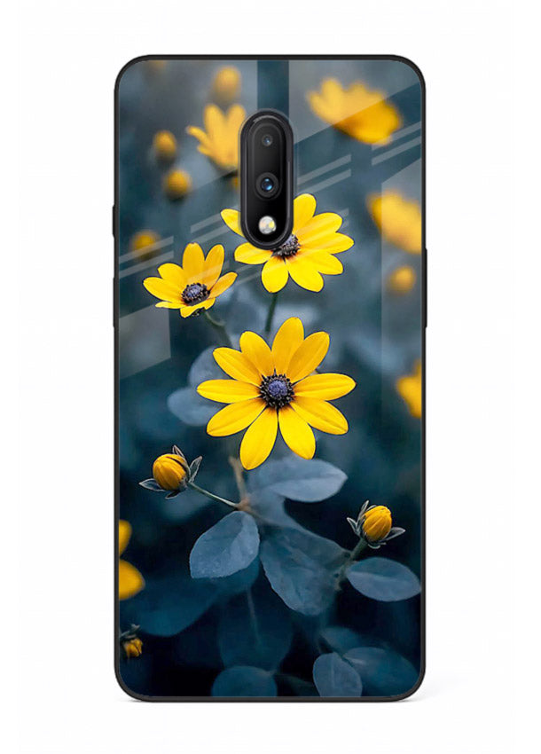 Yellow wildflower artwork on OnePlus 7 glass back cover with rustic botanical tones.