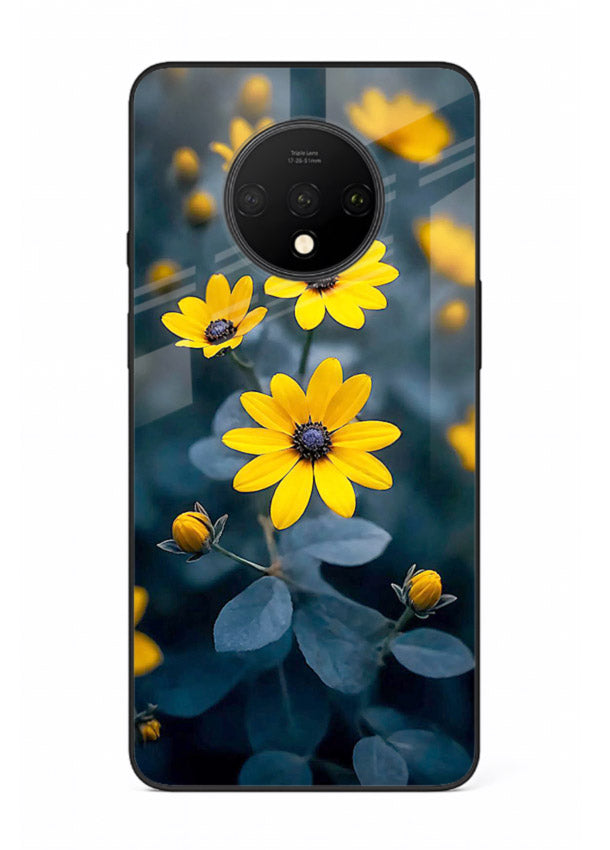 Yellow wildflower artwork on OnePlus 7T glass back cover with rustic botanical tones.