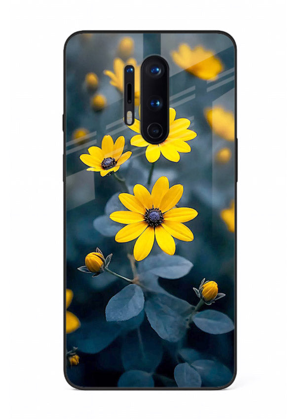 Yellow wildflower artwork on OnePlus 8 Pro glass back cover with rustic botanical tones.
