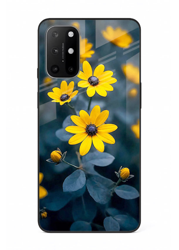 Yellow wildflower artwork on OnePlus 8T glass back cover with rustic botanical tones.