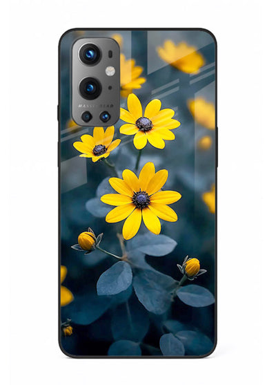 Yellow wildflower artwork on OnePlus 9 glass back cover with rustic botanical tones.