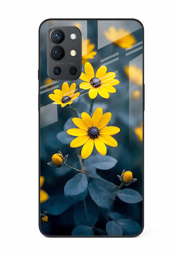 Yellow wildflower artwork on OnePlus 9R glass back cover with rustic botanical tones.