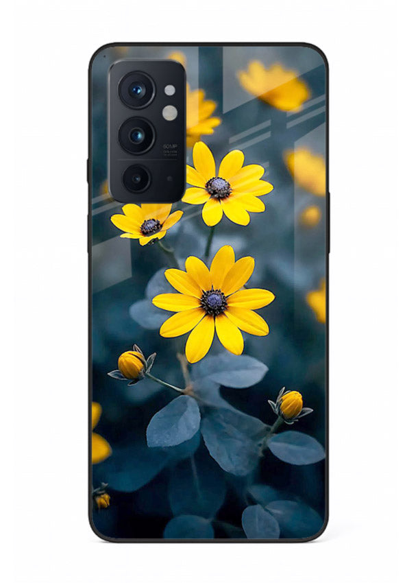 Yellow wildflower artwork on OnePlus 9RT glass back cover with rustic botanical tones.