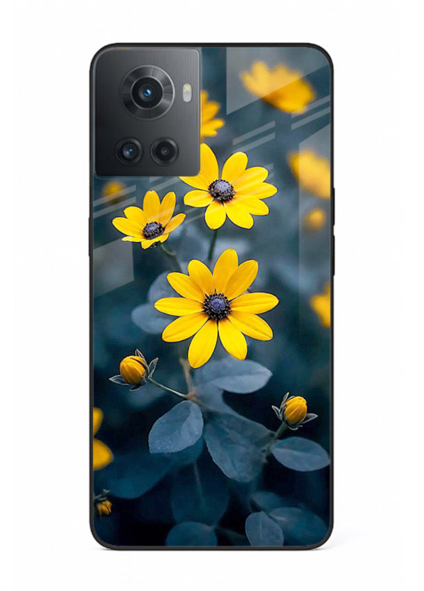 Yellow wildflower artwork on OnePlus 10R glass back cover with rustic botanical tones.