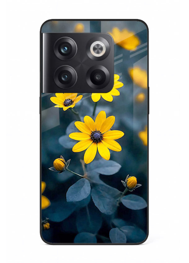 Yellow wildflower artwork on OnePlus 10T glass back cover with rustic botanical tones.