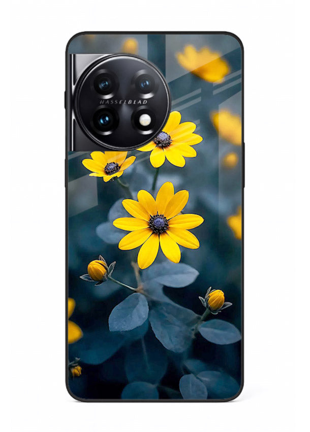 Yellow wildflower artwork on OnePlus 11R glass back cover with rustic botanical tones.
