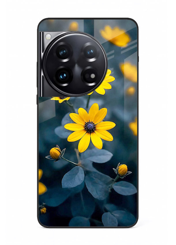 Yellow wildflower artwork on OnePlus 12 glass back cover with rustic botanical tones.