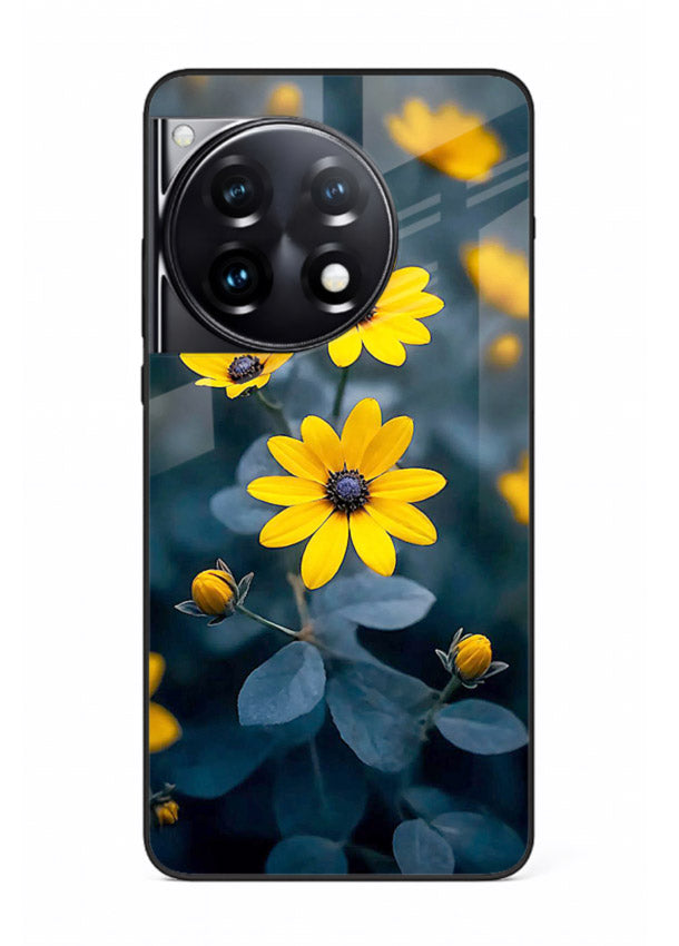 Yellow wildflower artwork on OnePlus 12R glass back cover with rustic botanical tones.