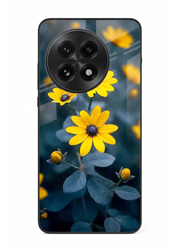 Yellow wildflower artwork on OnePlus 13R glass back cover with rustic botanical tones.