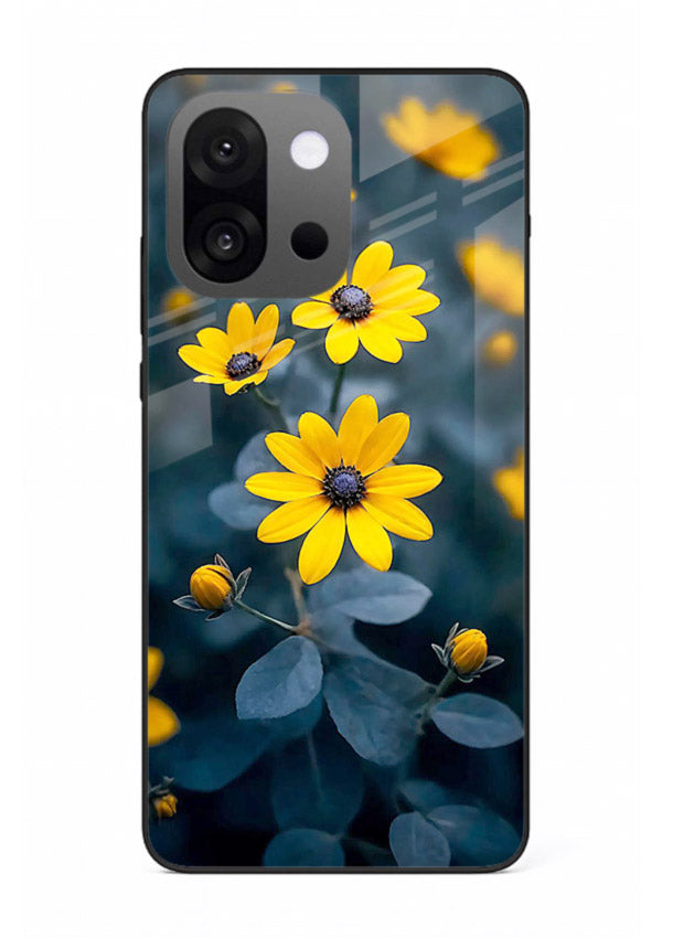 Yellow wildflower artwork on OnePlus 13s glass back cover with rustic botanical tones.