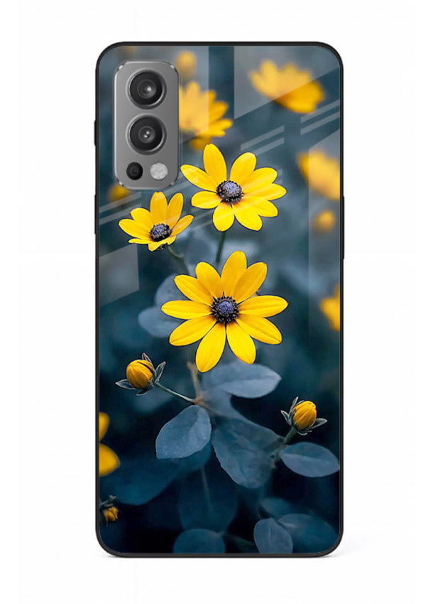Yellow wildflower artwork on OnePlus Nord 2 glass back cover with rustic botanical tones.