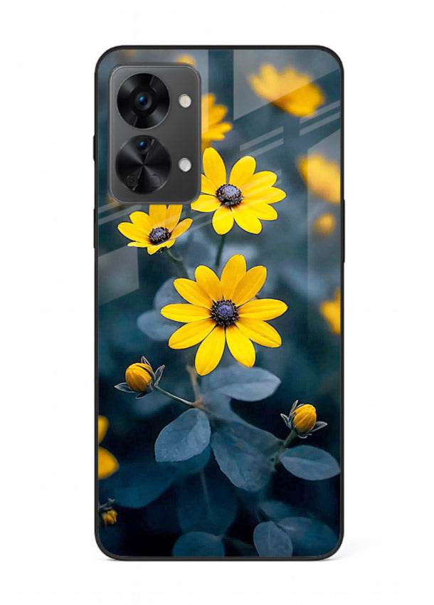 Yellow wildflower artwork on OnePlus Nord 2T glass back cover with rustic botanical tones.