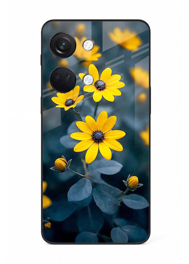 Yellow wildflower artwork on OnePlus Nord 3 glass back cover with rustic botanical tones.