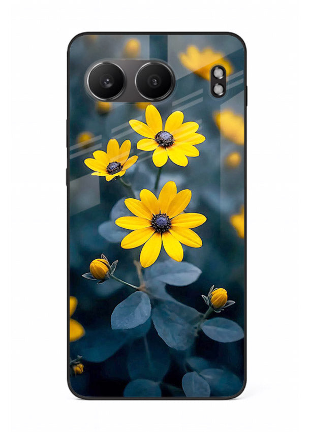 Yellow wildflower artwork on OnePlus Nord 4 glass back cover with rustic botanical tones.