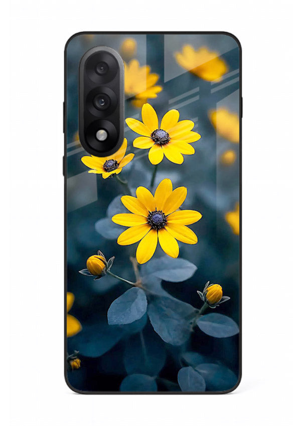 Yellow wildflower artwork on OnePlus Nord 5 glass back cover with rustic botanical tones.
