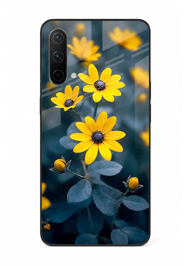 Yellow wildflower artwork on OnePlus Nord CE 5G glass back cover with rustic botanical tones.
