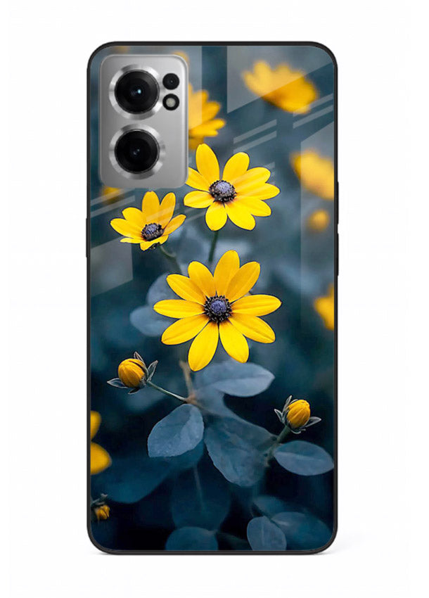 Yellow wildflower artwork on OnePlus Nord CE2 5G glass back cover with rustic botanical tones.