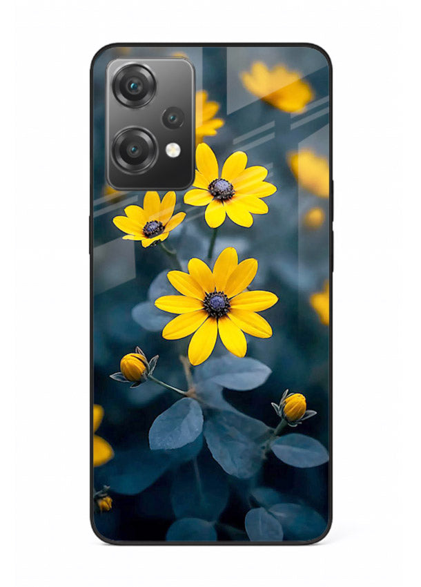 Yellow wildflower artwork on OnePlus Nord CE2 Lite 5G glass back cover with rustic botanical tones.