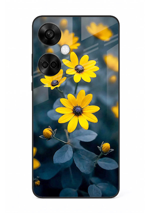 Yellow wildflower artwork on OnePlus Nord CE3 glass back cover with rustic botanical tones.
