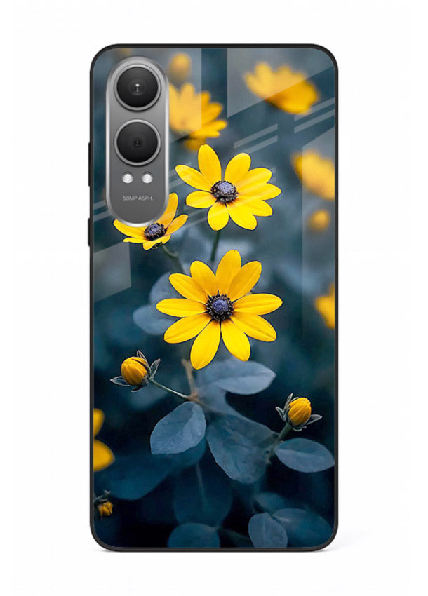 Yellow wildflower artwork on OnePlus Nord CE4 Lite glass back cover with rustic botanical tones.