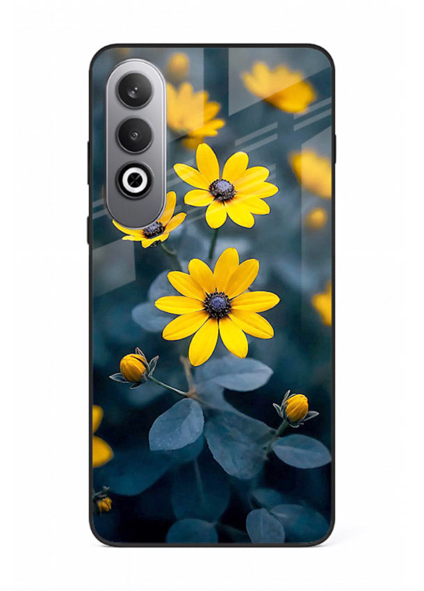 Yellow wildflower artwork on OnePlus Nord CE4 glass back cover with rustic botanical tones.