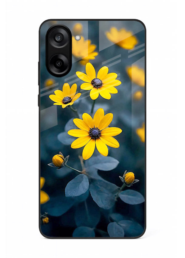 Yellow wildflower artwork on OnePlus Nord CE5 glass back cover with rustic botanical tones.