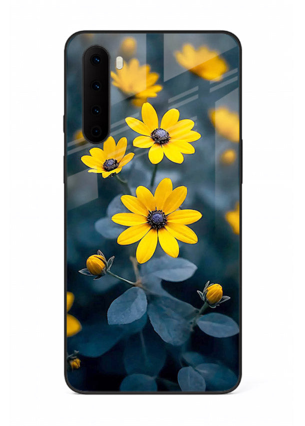 Yellow wildflower artwork on OnePlus Nord glass back cover with rustic botanical tones.